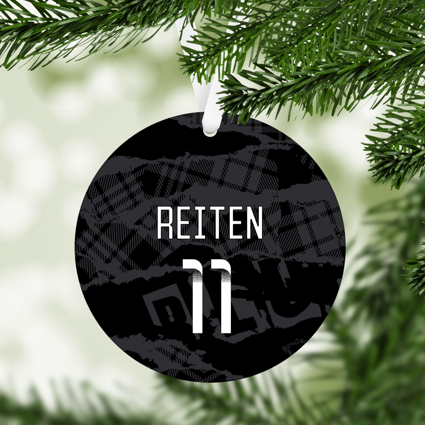 Personalised Chelsea Women Third Kit Style MDF Football Christmas Flat Bauble - WHITE TEXT
