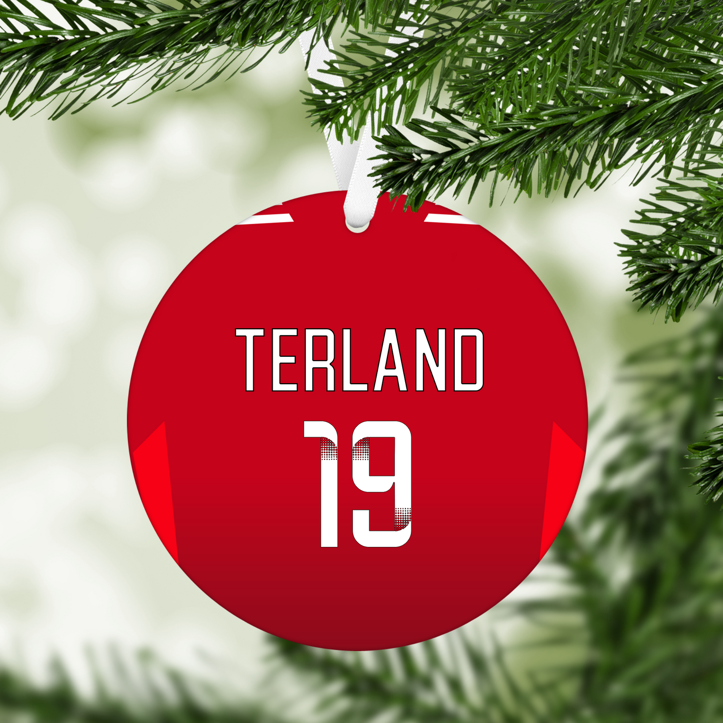 Personalised United Women Home Kit Style MDF Football Christmas Flat Bauble
