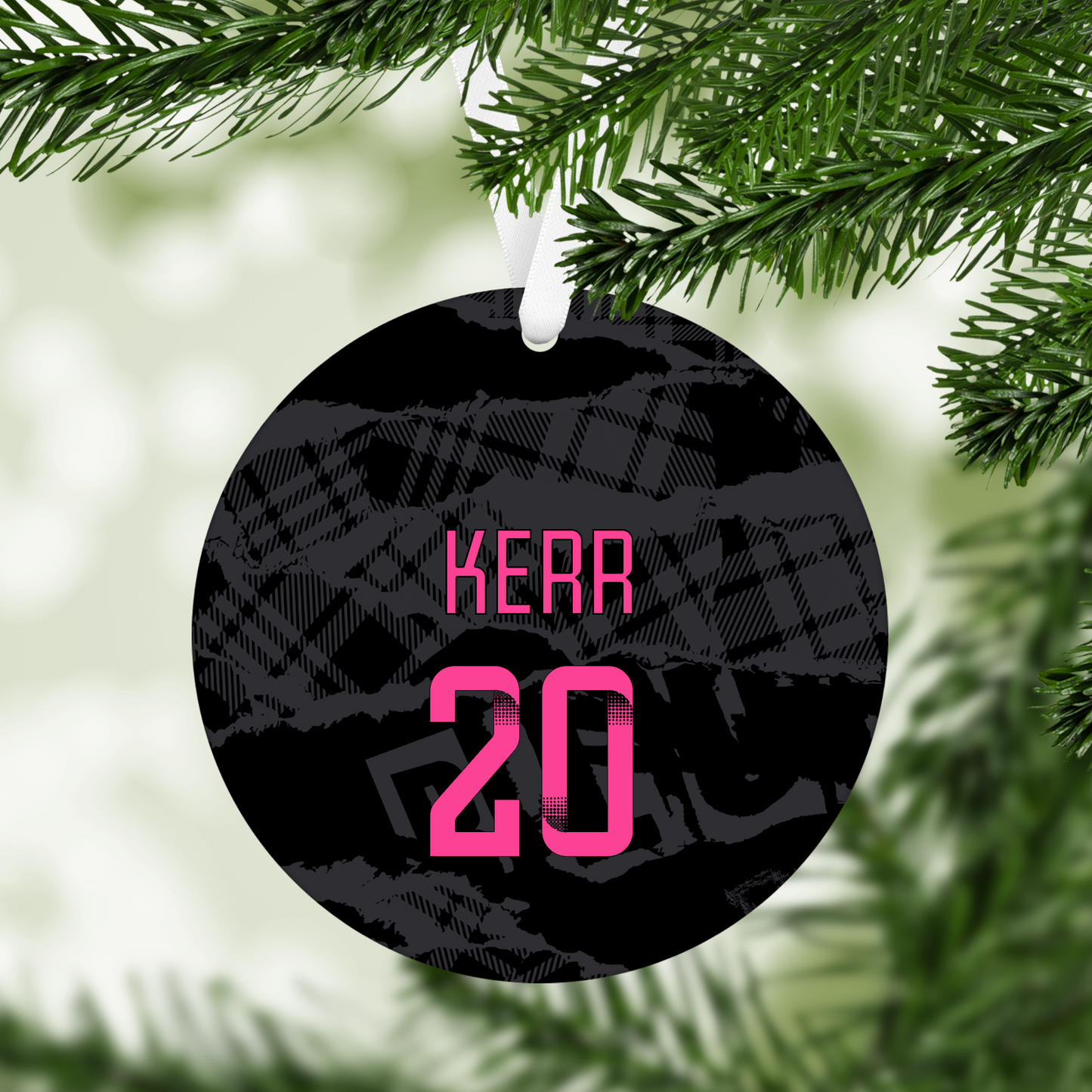 Personalised Chelsea Women Third Kit Style MDF Football Christmas Flat Bauble - PINK TEXT