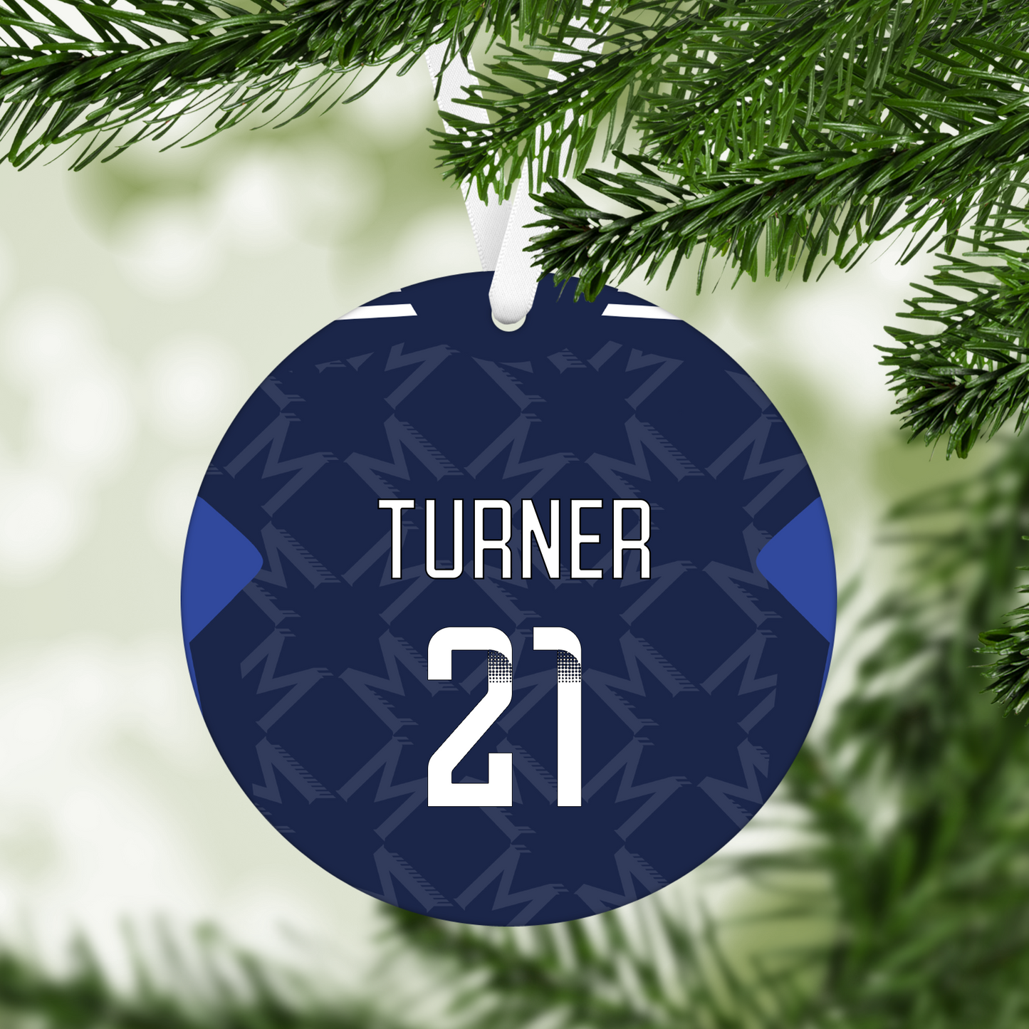 Personalised United Women Away Kit Style MDF Football Christmas Flat Bauble