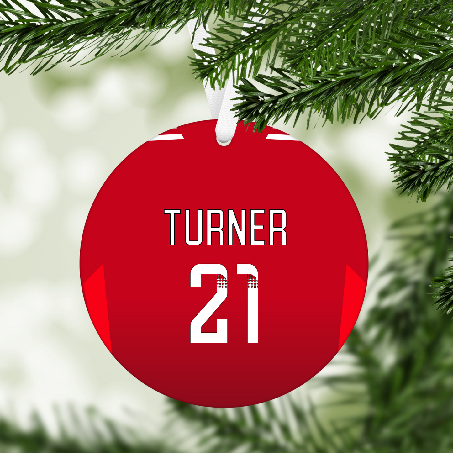 Personalised United Women Home Kit Style MDF Football Christmas Flat Bauble
