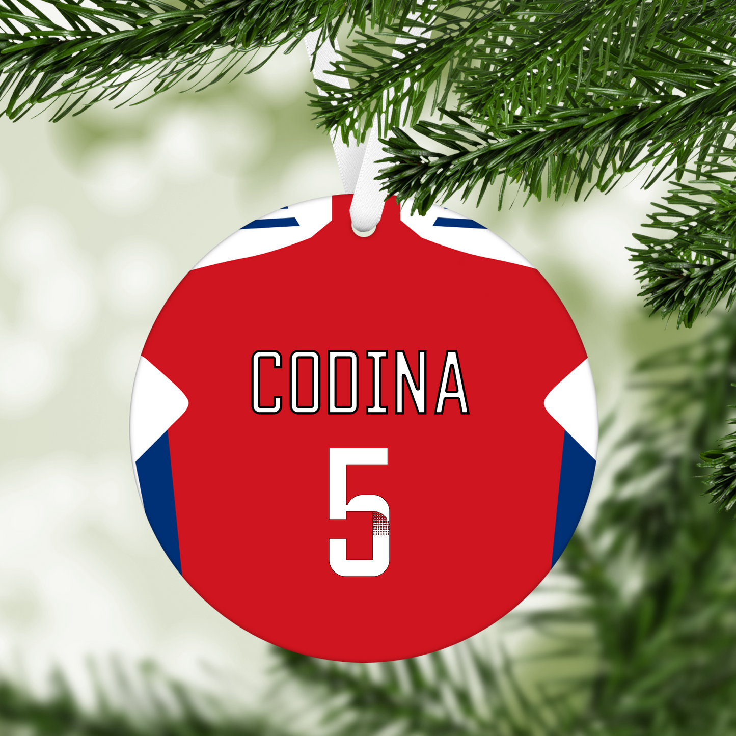 Personalised Arsenal Women Home Kit Style MDF Football Christmas Flat Bauble