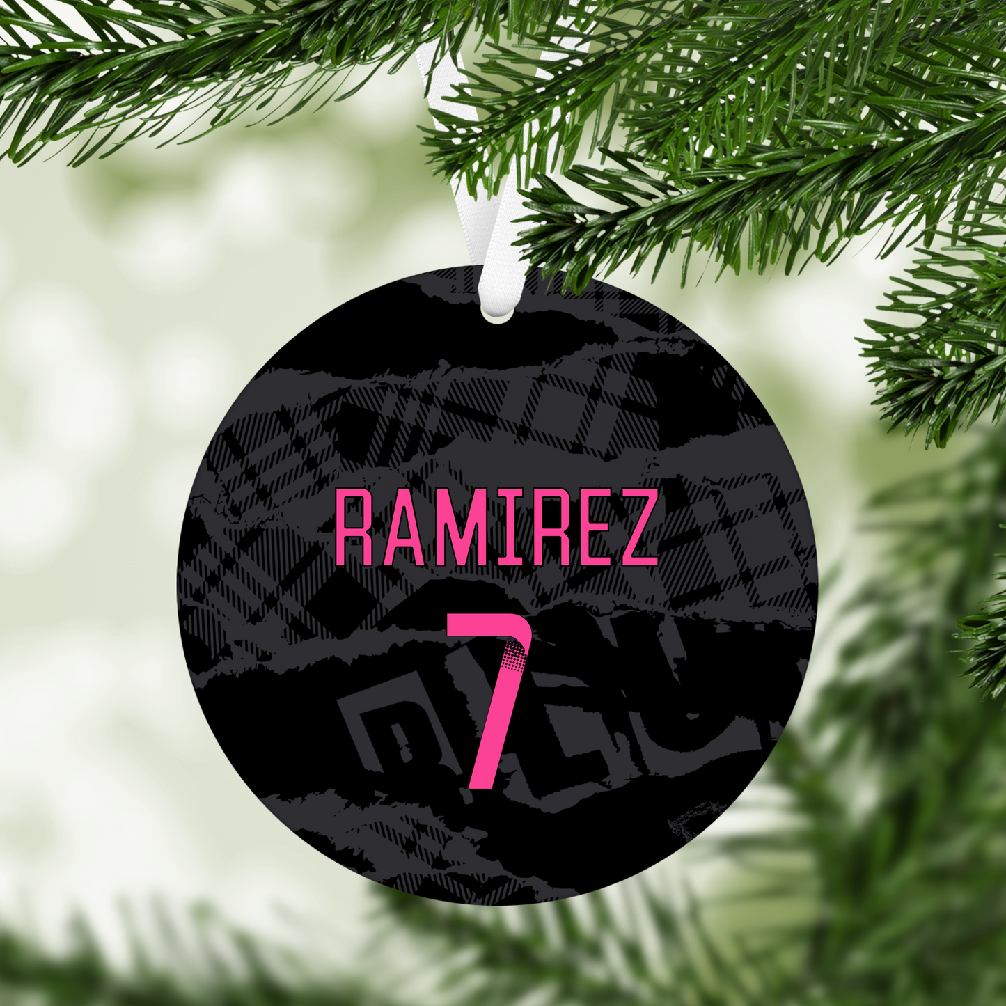 Personalised Chelsea Women Third Kit Style MDF Football Christmas Flat Bauble - PINK TEXT