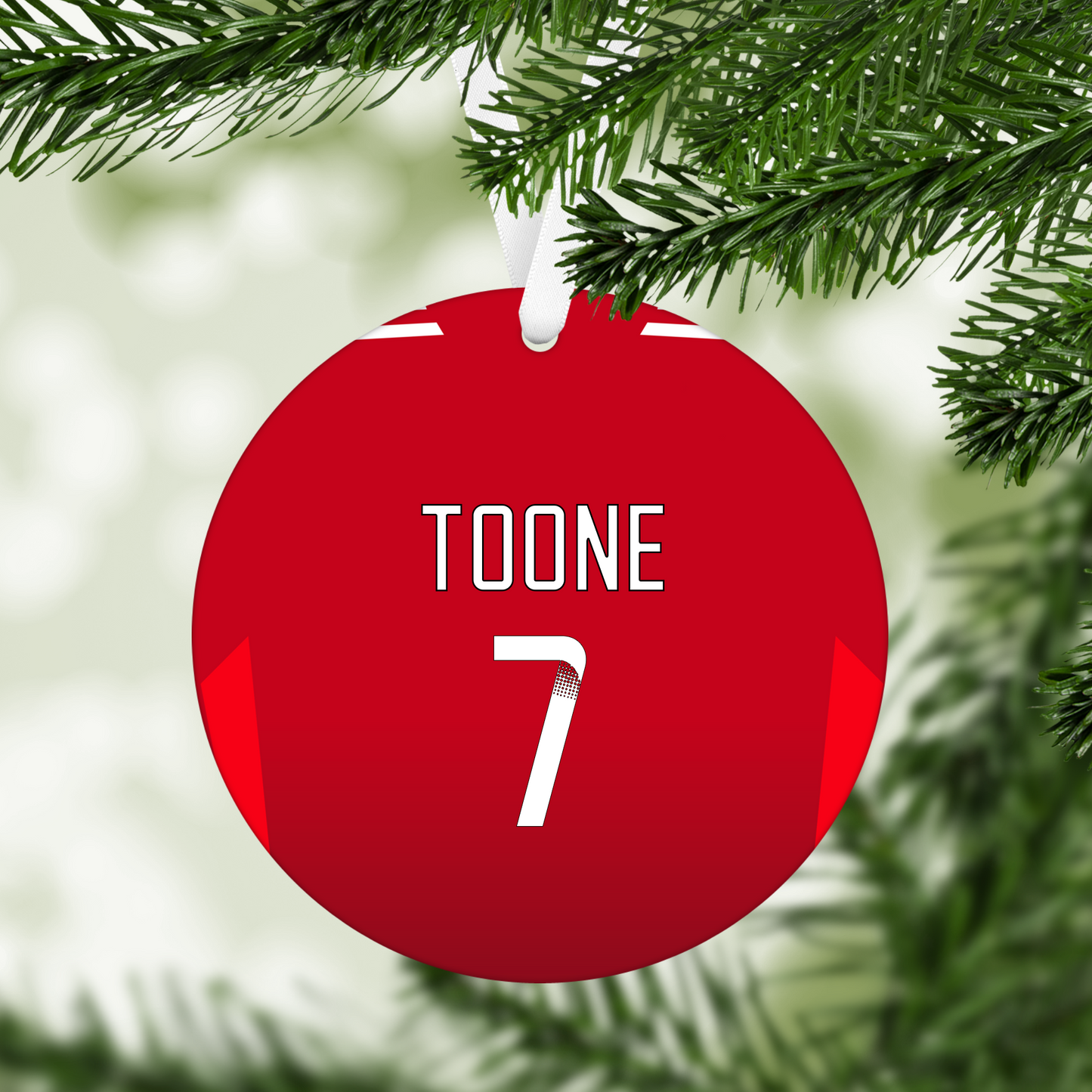 Personalised United Women Home Kit Style MDF Football Christmas Flat Bauble
