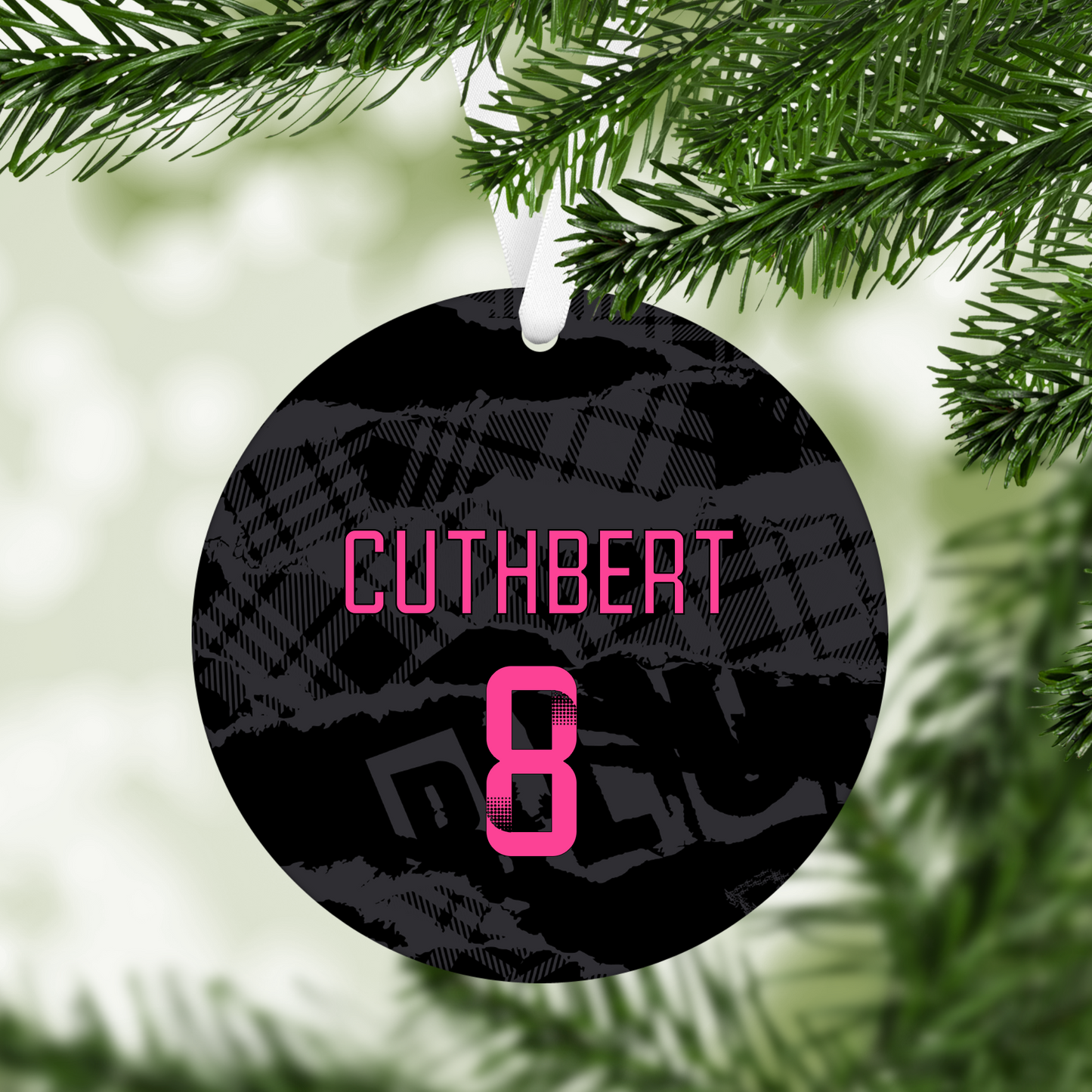 Personalised Chelsea Women Third Kit Style MDF Football Christmas Flat Bauble - PINK TEXT