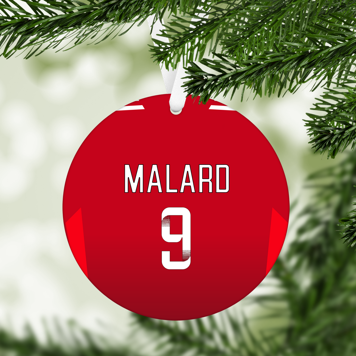 Personalised United Women Home Kit Style MDF Football Christmas Flat Bauble