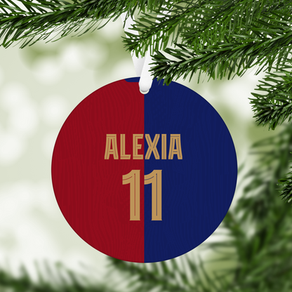 Personalised Barcelona Women Home Kit Style MDF Football Christmas Flat Bauble