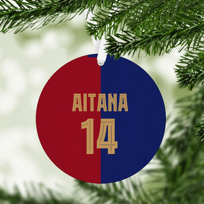 Personalised Barcelona Women Home Kit Style MDF Football Christmas Flat Bauble