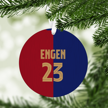 Personalised Barcelona Women Home Kit Style MDF Football Christmas Flat Bauble