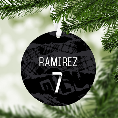 Personalised Chelsea Women Third Kit Style MDF Football Christmas Flat Bauble - WHITE TEXT